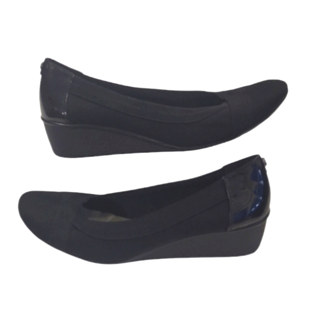 AK Sport Dani Slip On Wedges Criss-Cross Toe Glossy Heel Ballet Style Sz 10